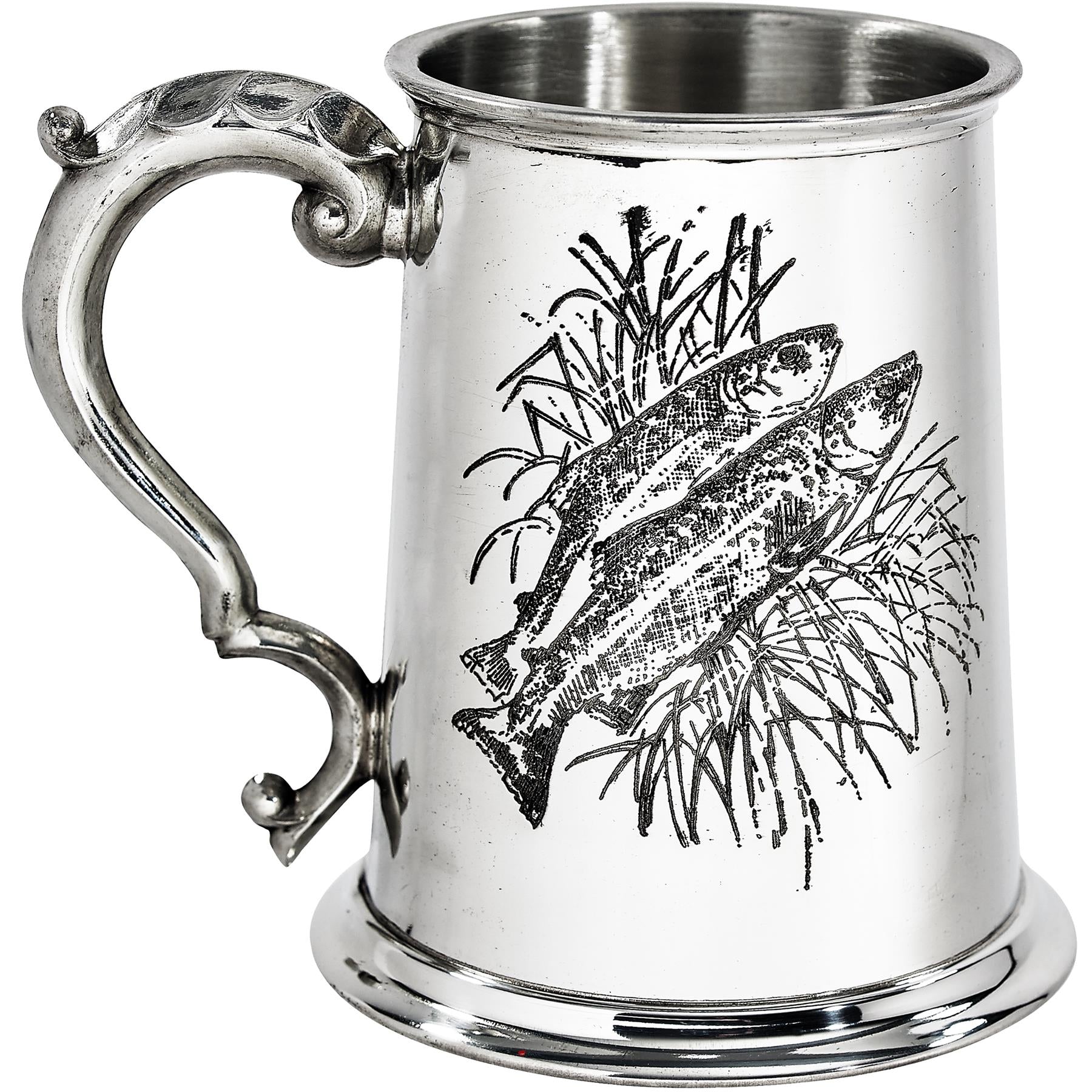Pewter Tankard 1 Pint Fishing Scenes on Both Sides and Antique Handle
