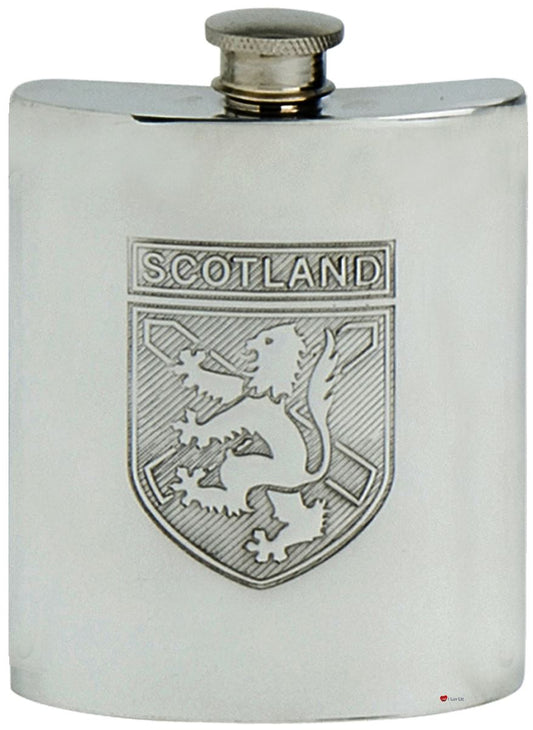 Pewter Hip Flask 6oz Scottish Rampant Lion Shield Screw Top Engravable Back