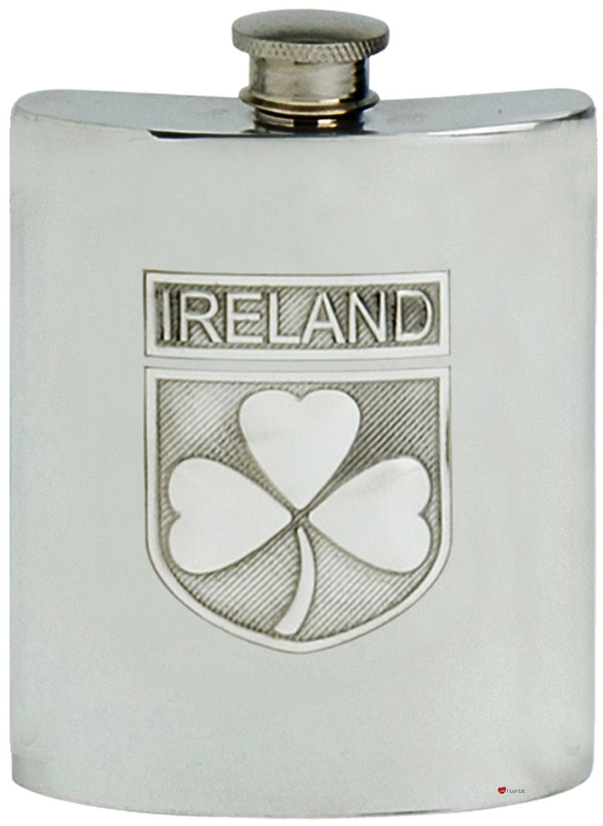 Pewter Hip Flask 6oz Traditional Irish Shamrock Shield Screw Top Engravable Back