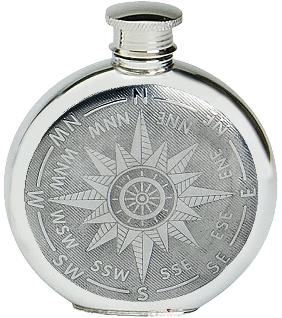 6oz Pewter Spirit Liquor Hip Flask - Round with Ship's Compass Star Design