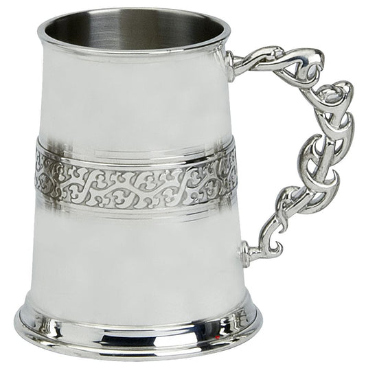 Pewter Tankard Handmade 1pt Tribal Band Polished Finish Unique Handle Engravable