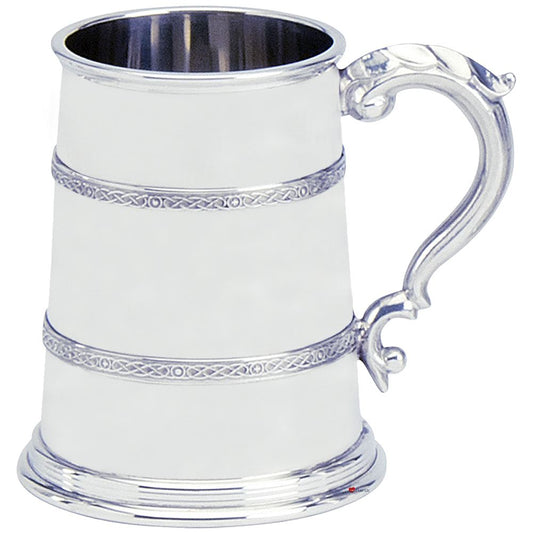 Pewter Tankard Handmade Celtic Design Double Band Polished Finish 1pt