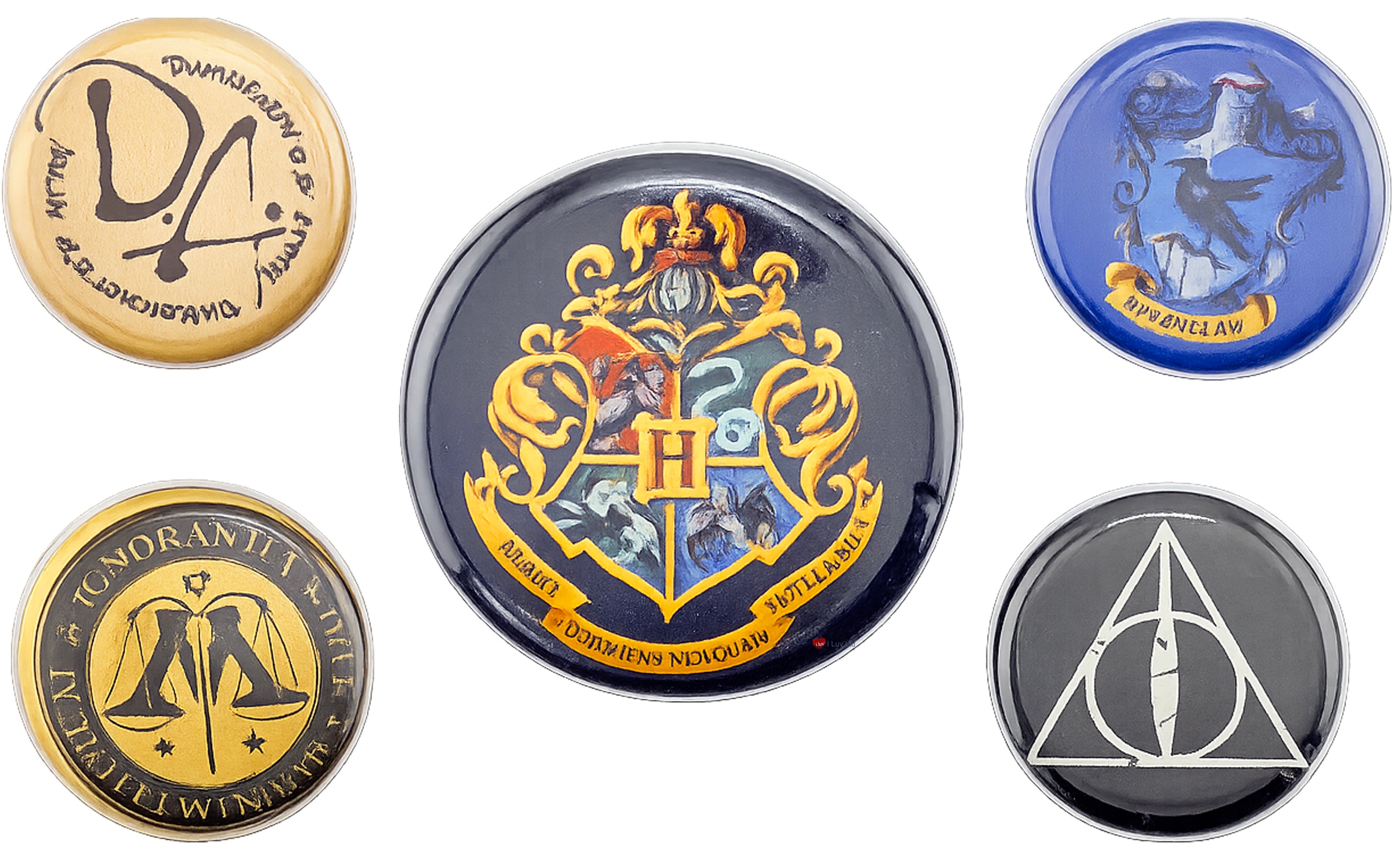 Harry Potter Hogwarts Crest Badge Pack – Wizarding World Pin Button Set (Five Pack) Ravenclaw Deathly Hallows Ministry of Magic Collectible