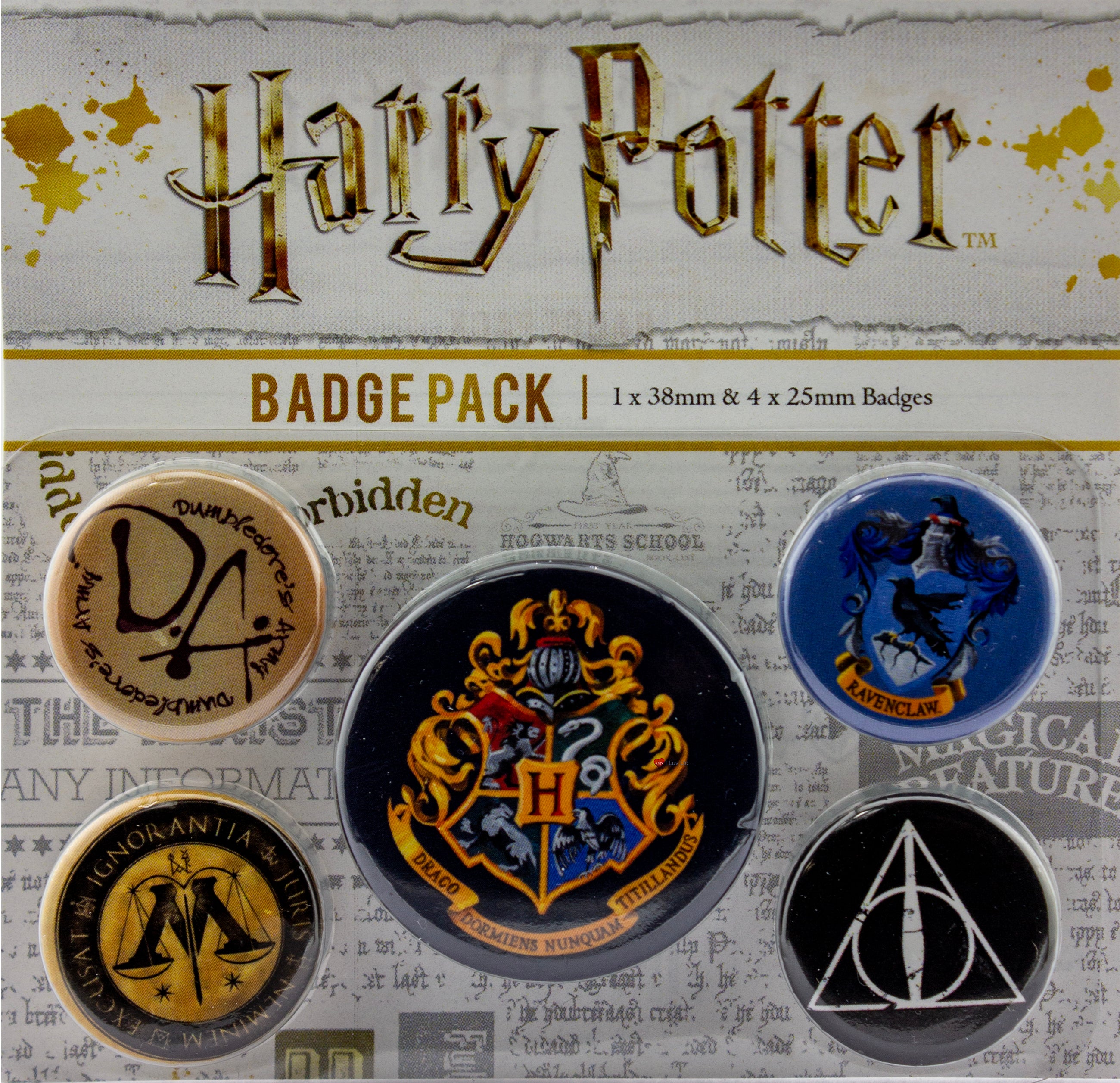 Harry Potter Hogwarts Crest Badge Pack – Wizarding World Pin Button Set (Five Pack) Ravenclaw Deathly Hallows Ministry of Magic Collectible