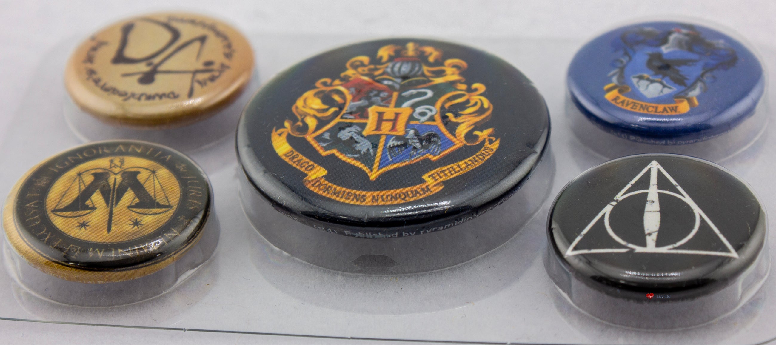 Harry Potter Hogwarts Crest Badge Pack – Wizarding World Pin Button Set (Five Pack) Ravenclaw Deathly Hallows Ministry of Magic Collectible
