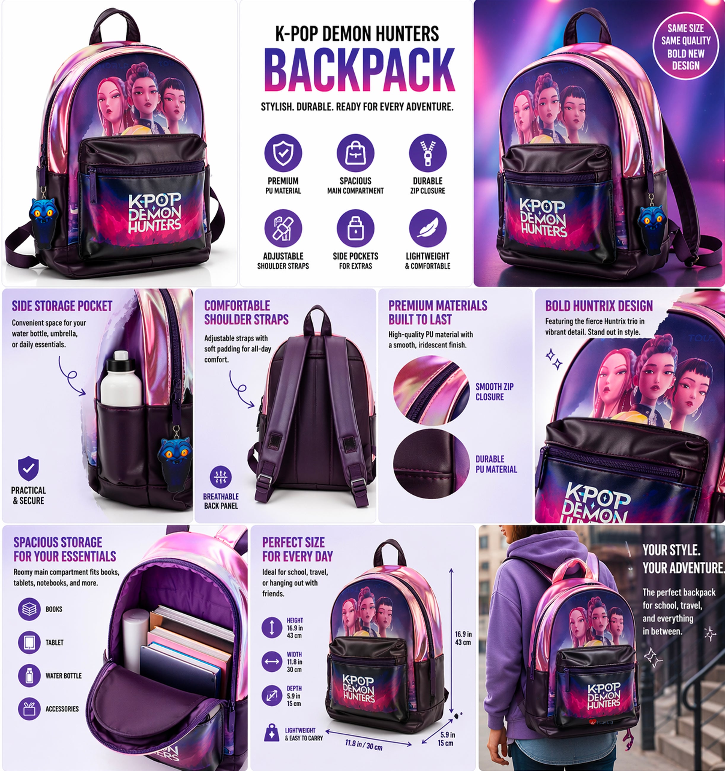 K-Pop Demon Hunters Huntrix Backpack – Rumi Zoey Mira School Travel Bag Fan Merchandise