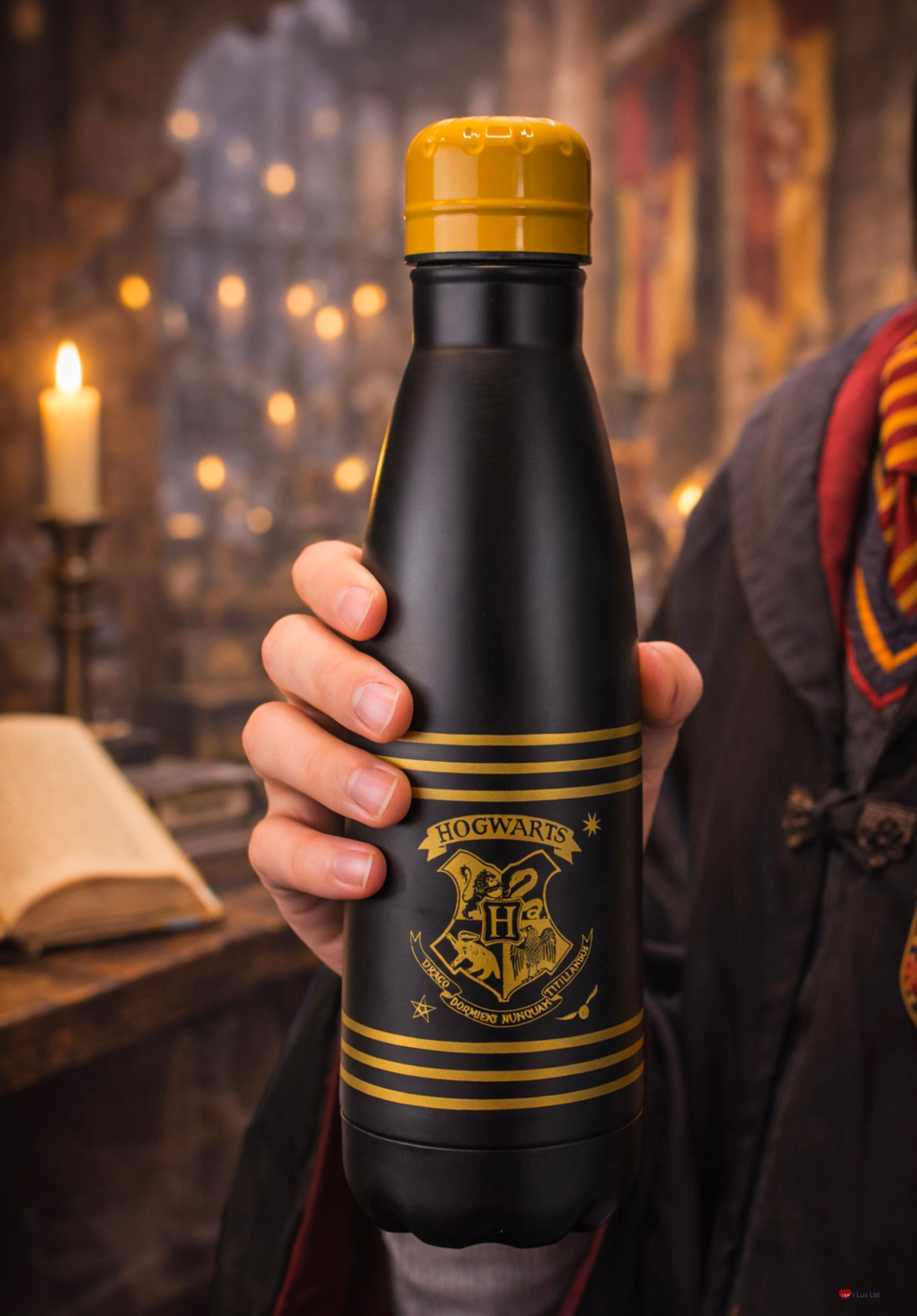 Harry Potter Hogwarts Crest Water Bottle – Wizarding World Drinks Bottle Black Gold Design