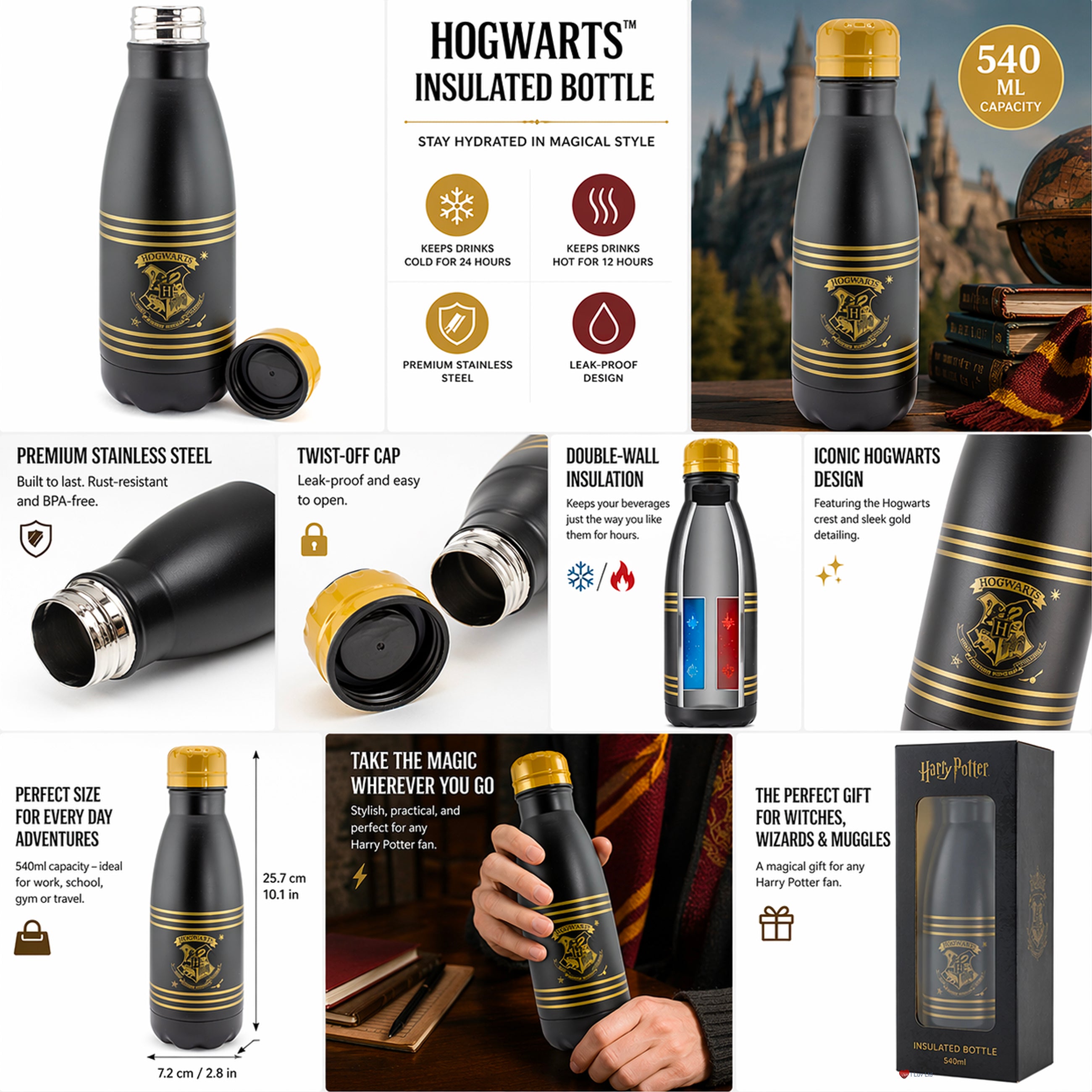 Harry Potter Hogwarts Crest Water Bottle – Wizarding World Drinks Bottle Black Gold Design