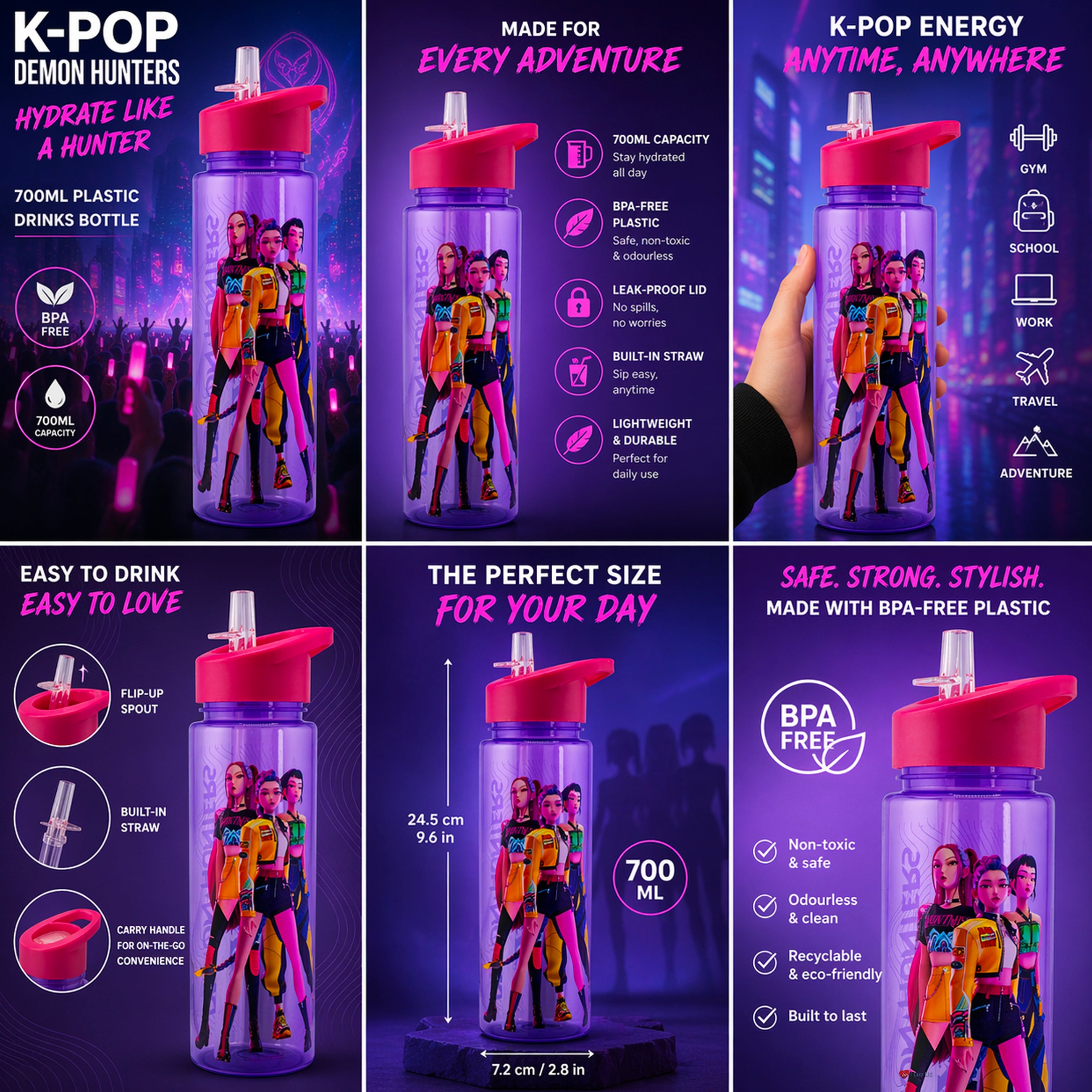 K-Pop Demon Hunters Huntrix Trio Water Bottle – Rumi Zoey Mira Kids Drinks Bottle with Straw Lid