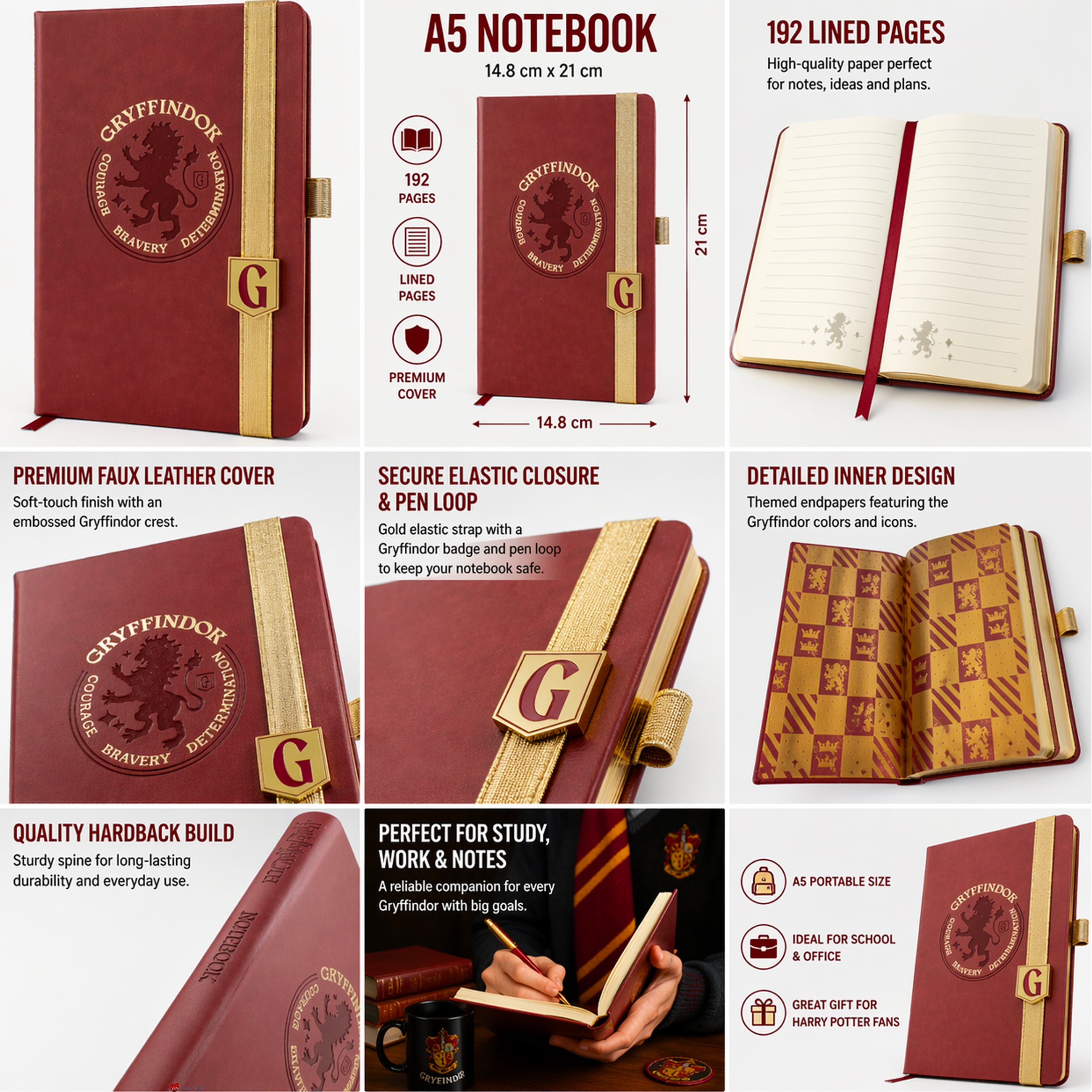 Harry Potter Gryffindor Red Luxe Notebook 192 Pages – Hogwarts House Journal Premium Gryffindor Stationery