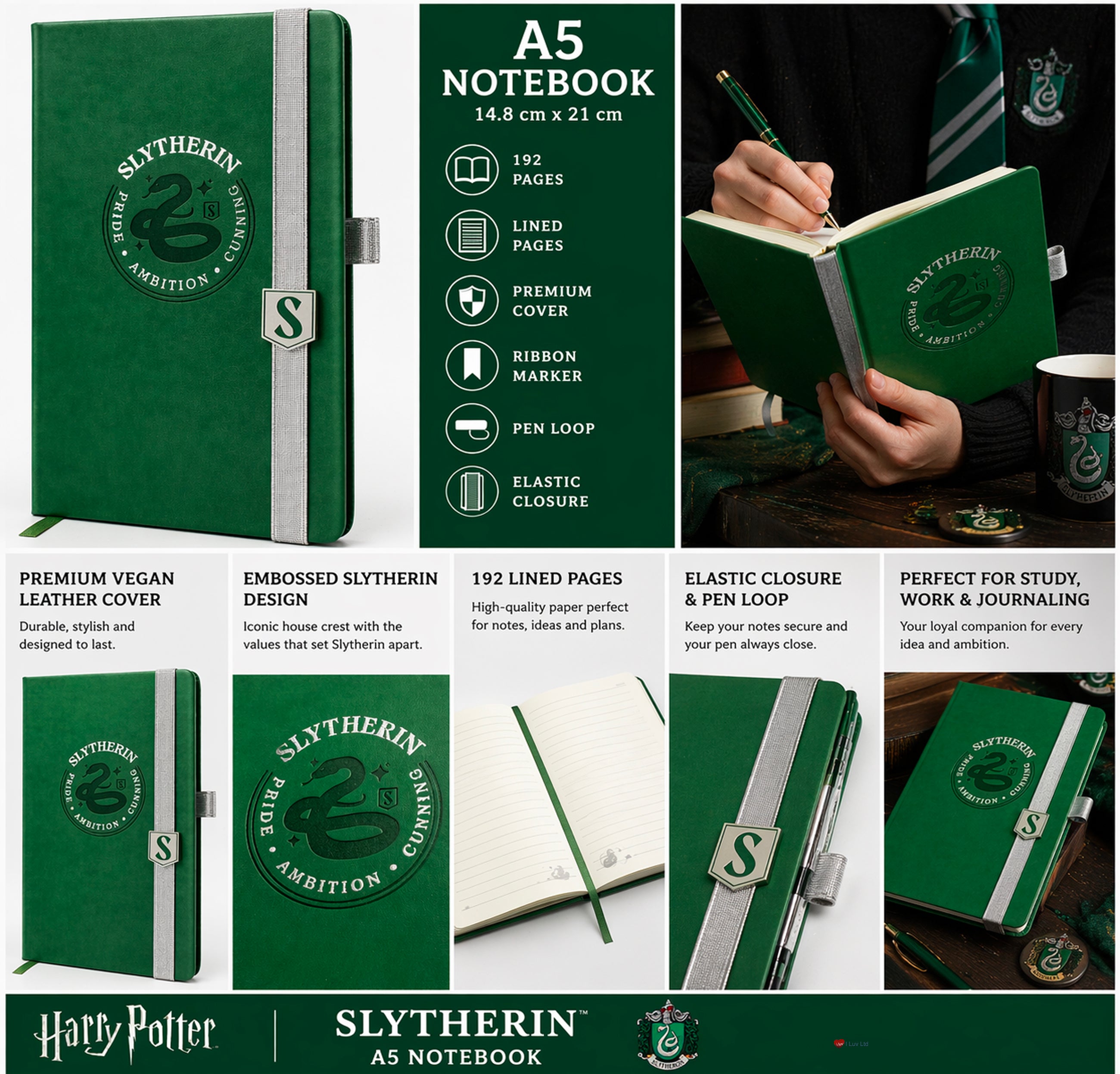 Harry Potter Slytherin Green Luxe Notebook 192 Pages – Hogwarts House Journal Premium Slytherin Stationery
