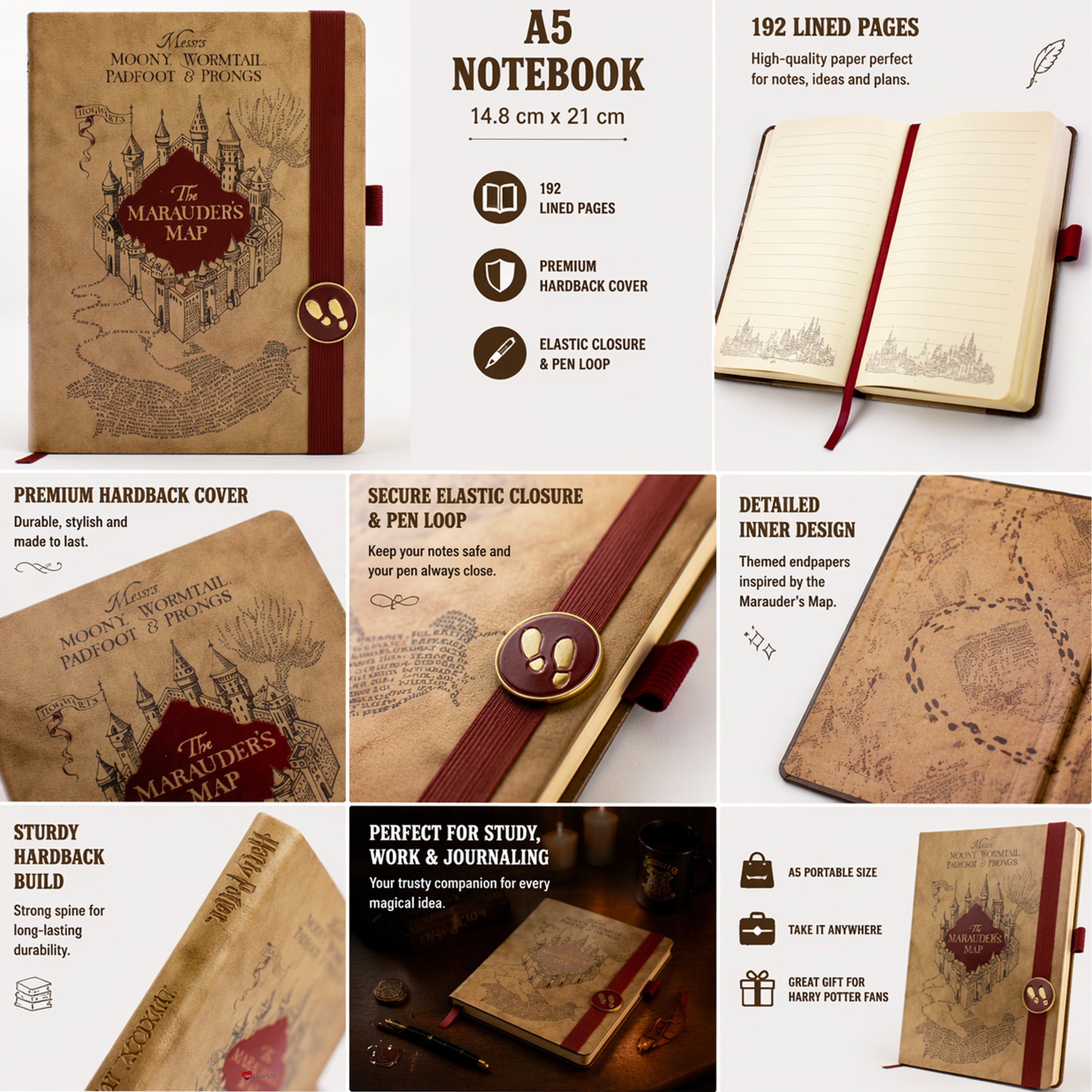 Harry Potter Marauders Map Notebook 192 Pages – Hogwarts Journal Stationery Writing Book