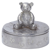 Child's Pewter Trinket Box Cute Teddy Bear on Top in Oval Paw Prints on Body