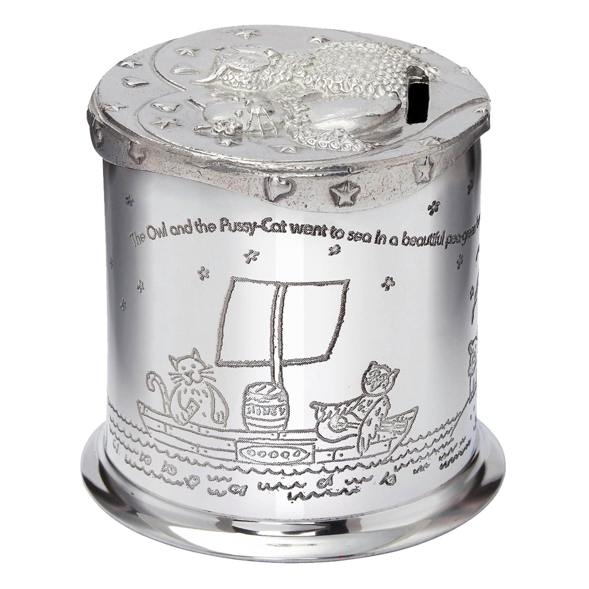 Child's Pewter Money Box Owl and The Pussycat Poem Embossed Around the Body