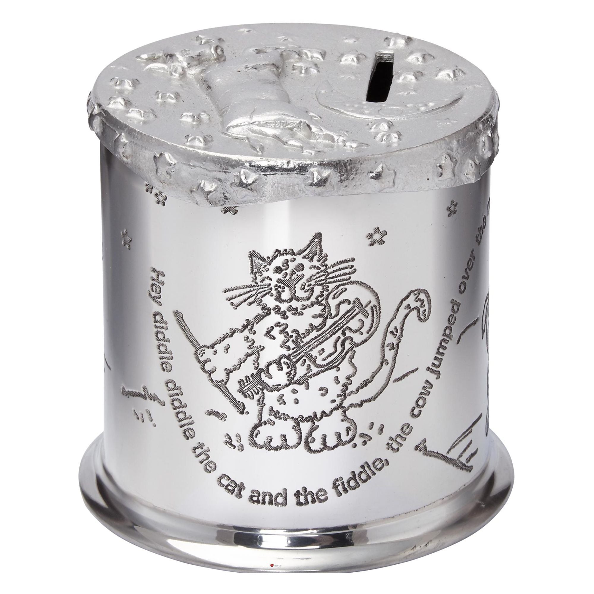 Child's Pewter Money Box Cow over the Moon Poem Embossed Around the Body