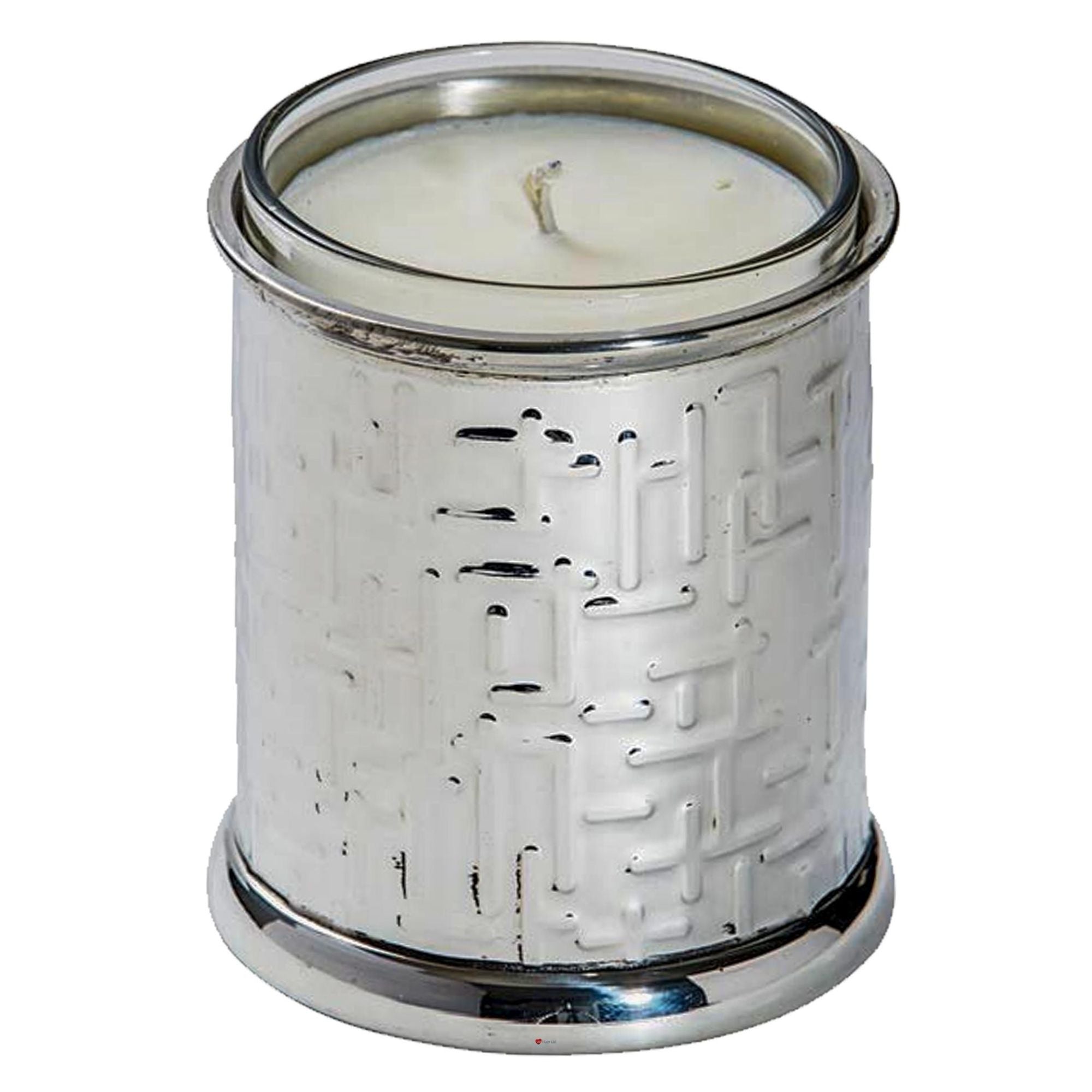 White candle in a decorative silver holder on a white background