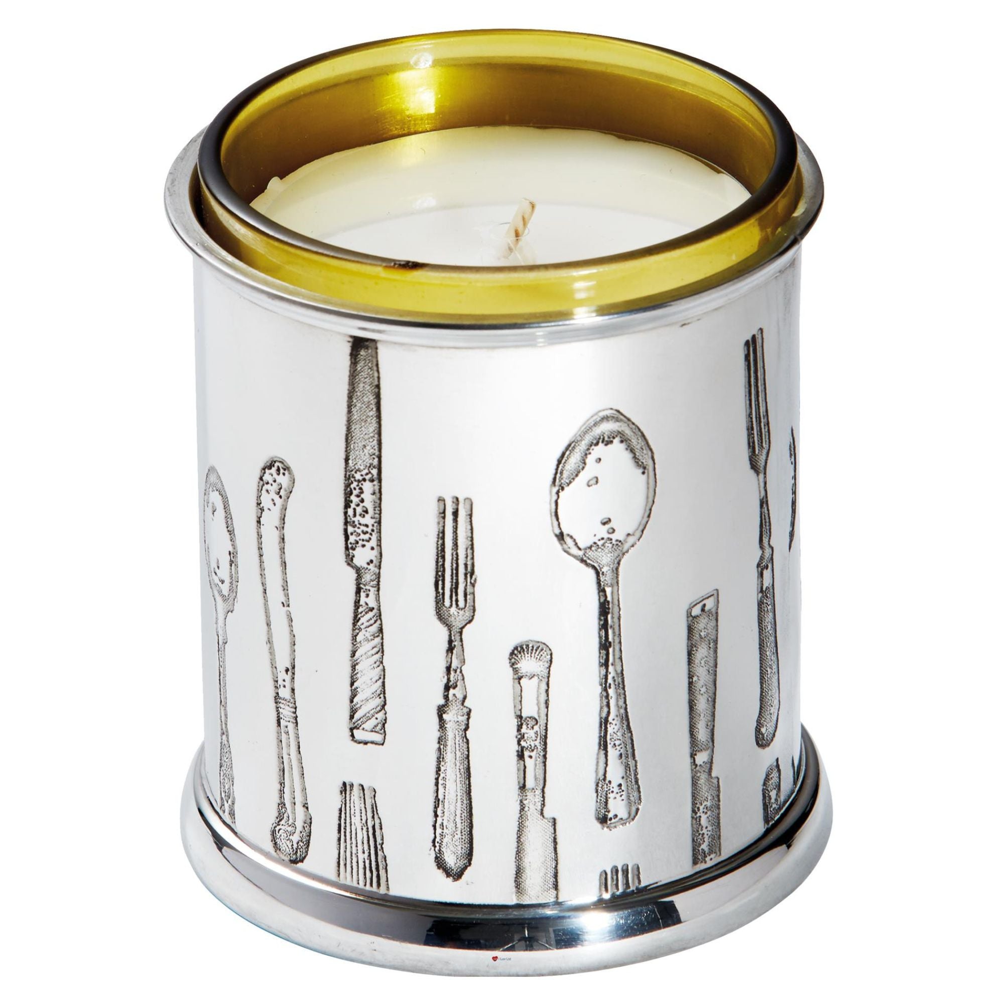 Candle in a silver container with cutlery designs on a white background