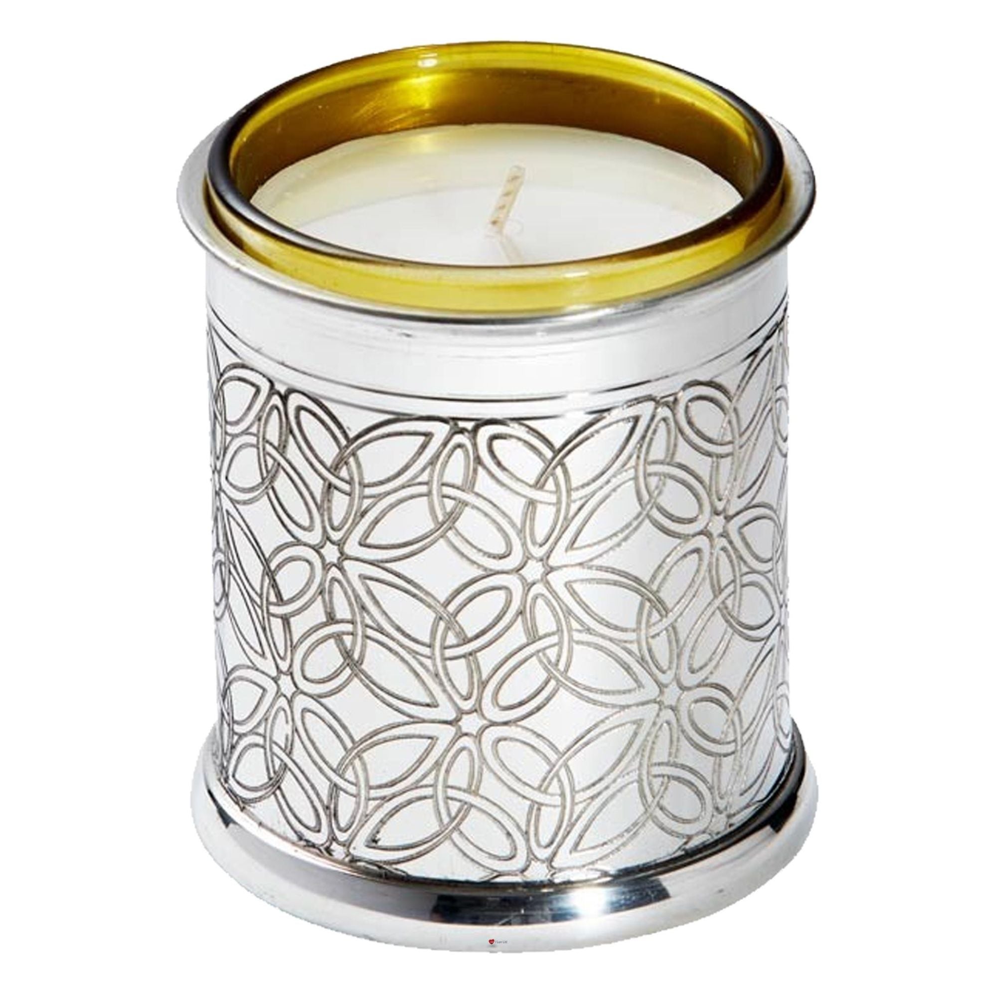 Decorative candle in a silver holder with a gold rim on a white background