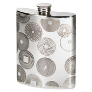 6oz Pewter Hip Flask Contemporary Millstones Design Bright Polished Screw Top