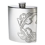 6oz Pewter Hip Flask Acanthus Leaf Decoration Pattern Bright Polished Screw Top