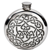 Round Pewter 6oz Flask Celtic Knot Design Polished Screw Perfect for Engraving