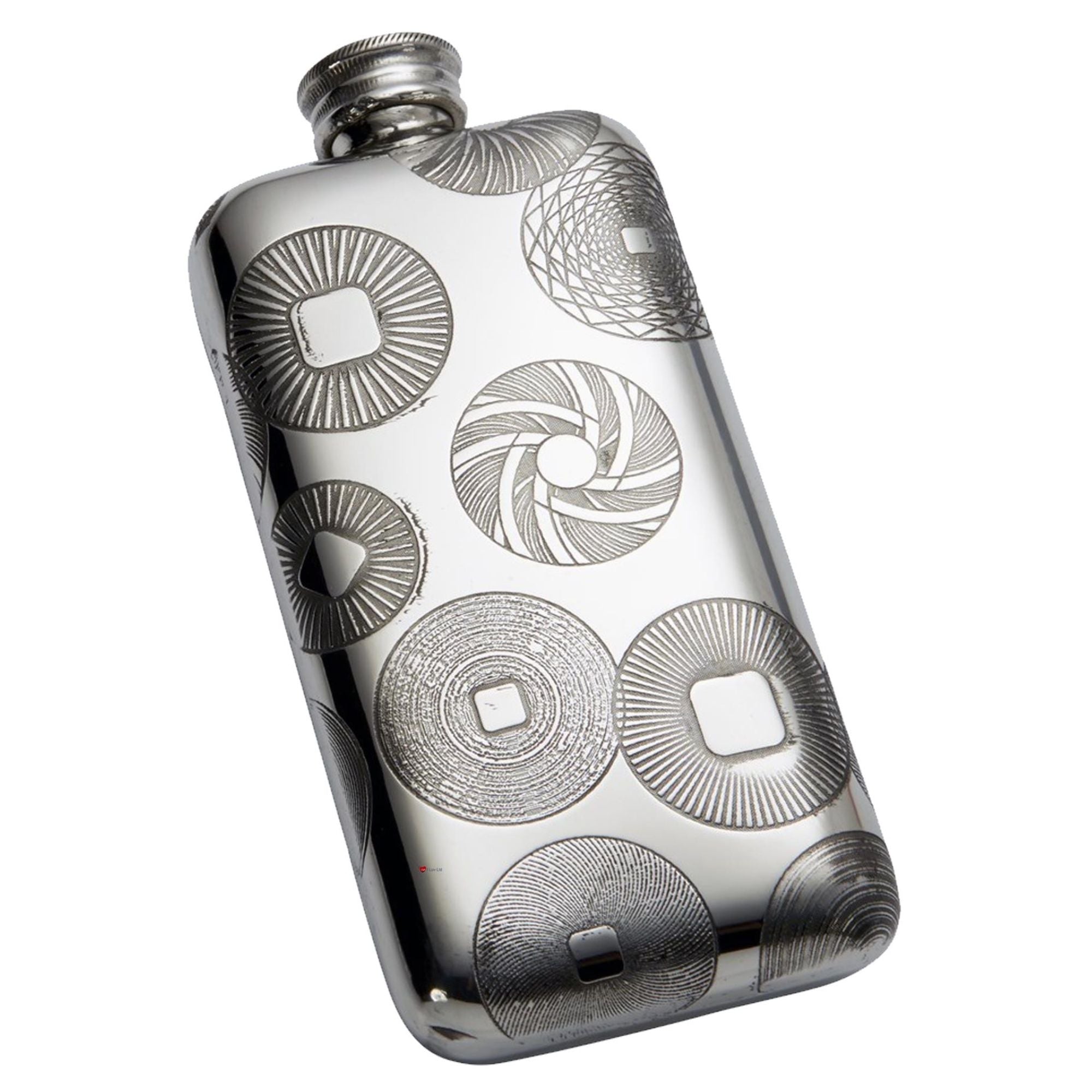 3oz Pewter Pocket Purse Flask Embossed Design Millstones Pattern Polished Screw