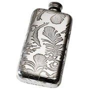 3oz Pewter Pocket Flask Embossed Design Peacock Feathers Polished Screw Top