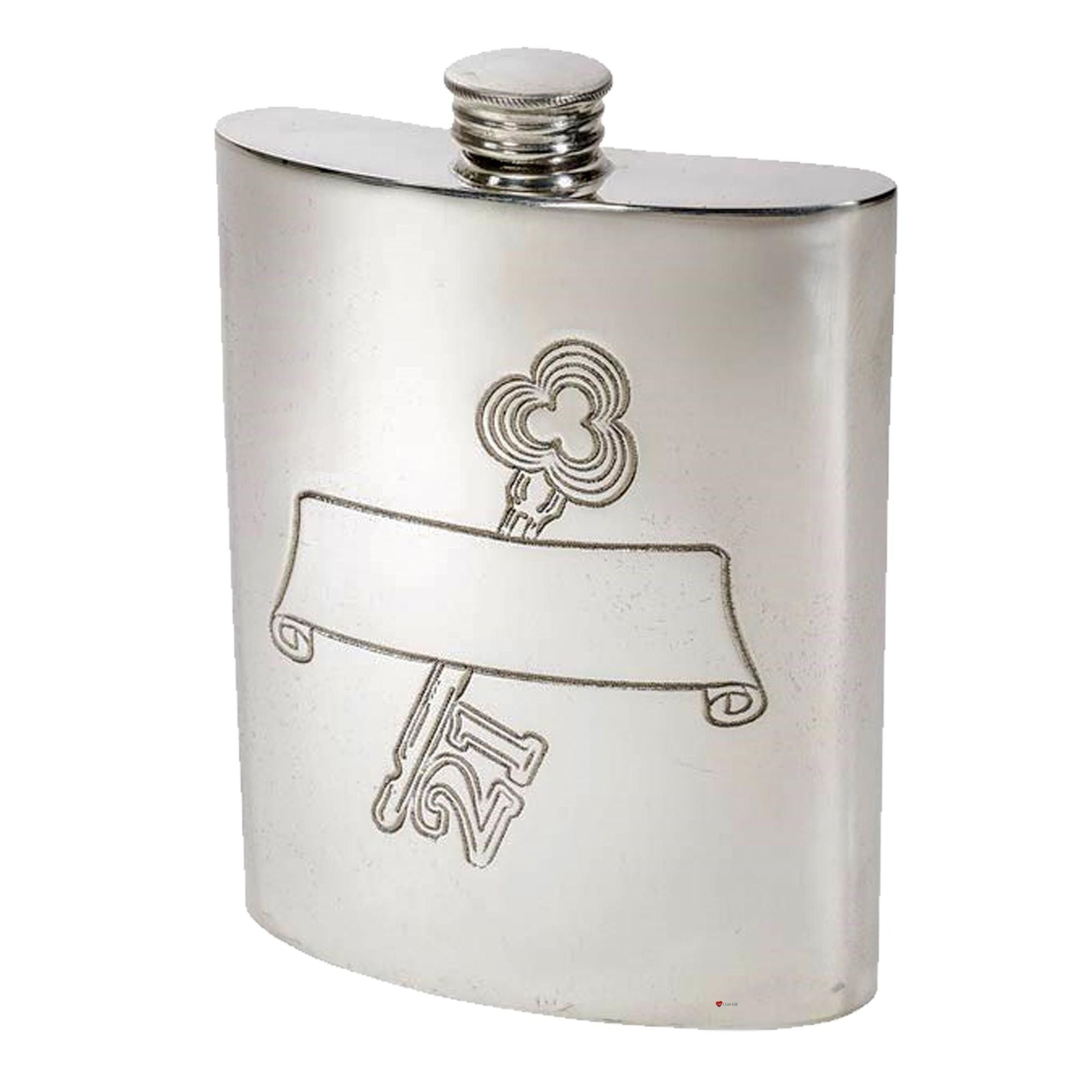 6oz Pewter Hip Flask 21st Birthday Key Stamp Scroll Banner Perfect for Engraving