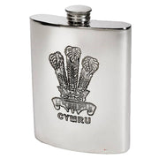 6oz Pewter Flask with Prince of Wales Feathers and Cymru Perfect for Engraving