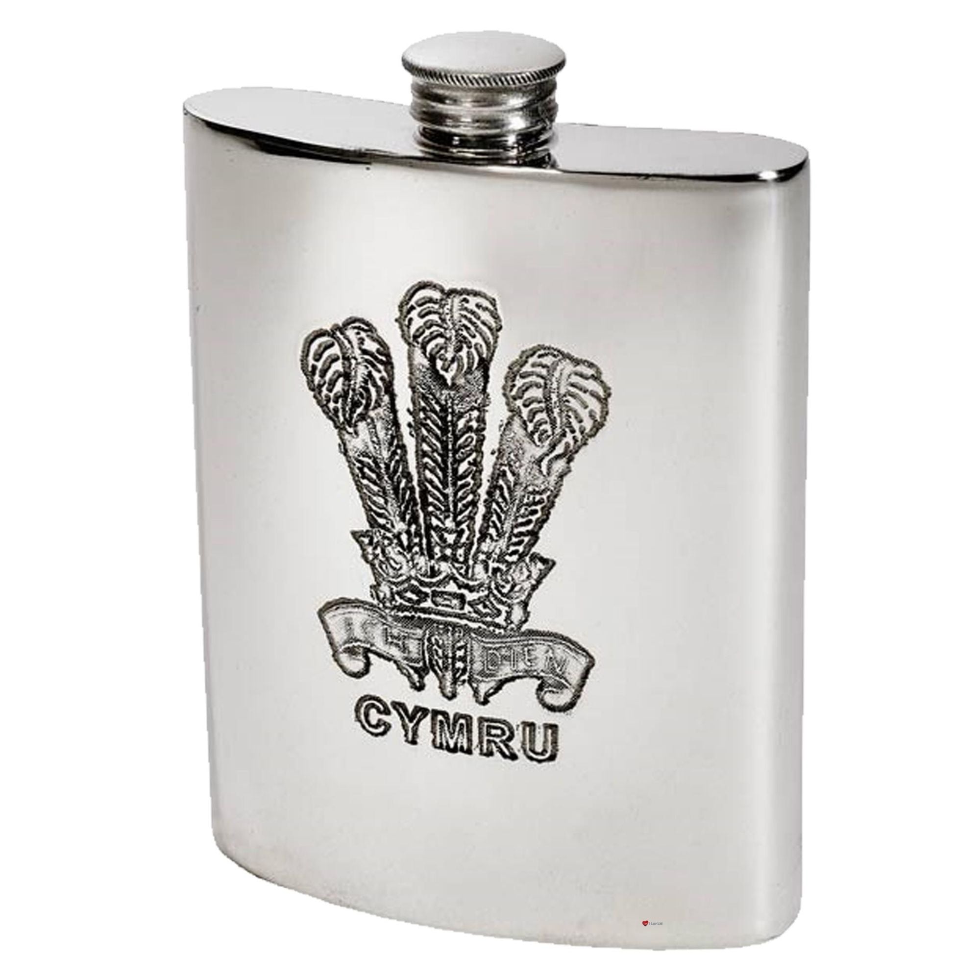 6oz Pewter Flask with Prince of Wales Feathers and Cymru Perfect for Engraving