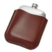 6oz Pewter Flask in Brown Genuine Leather Pouch Perfect for Engraving
