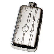 3oz Pocket Flask Pewter Embossed with Knife, Fork and Spoon Pattern Top