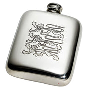 4oz Pewter Hip Flask with Three Lions England Style Pattern Polished Screw