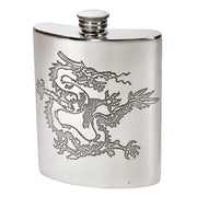6oz Pewter Hip Flask Chinese Dragon Design Bright Polished Finish Screw Top