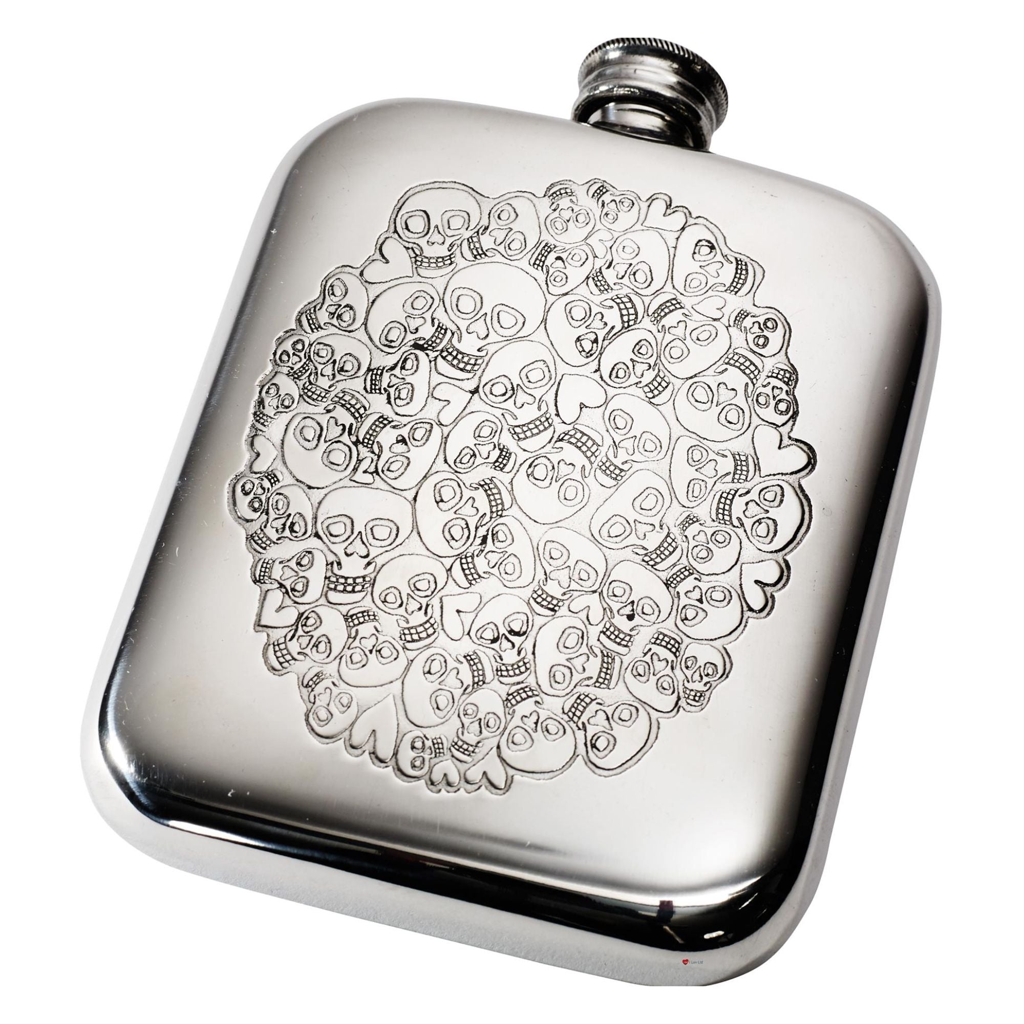 6oz Hip Flask with Skull and Heart Cluster Polished Screw Perfect for Engraving