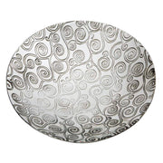 Round plate with black and white spiral pattern on a white background