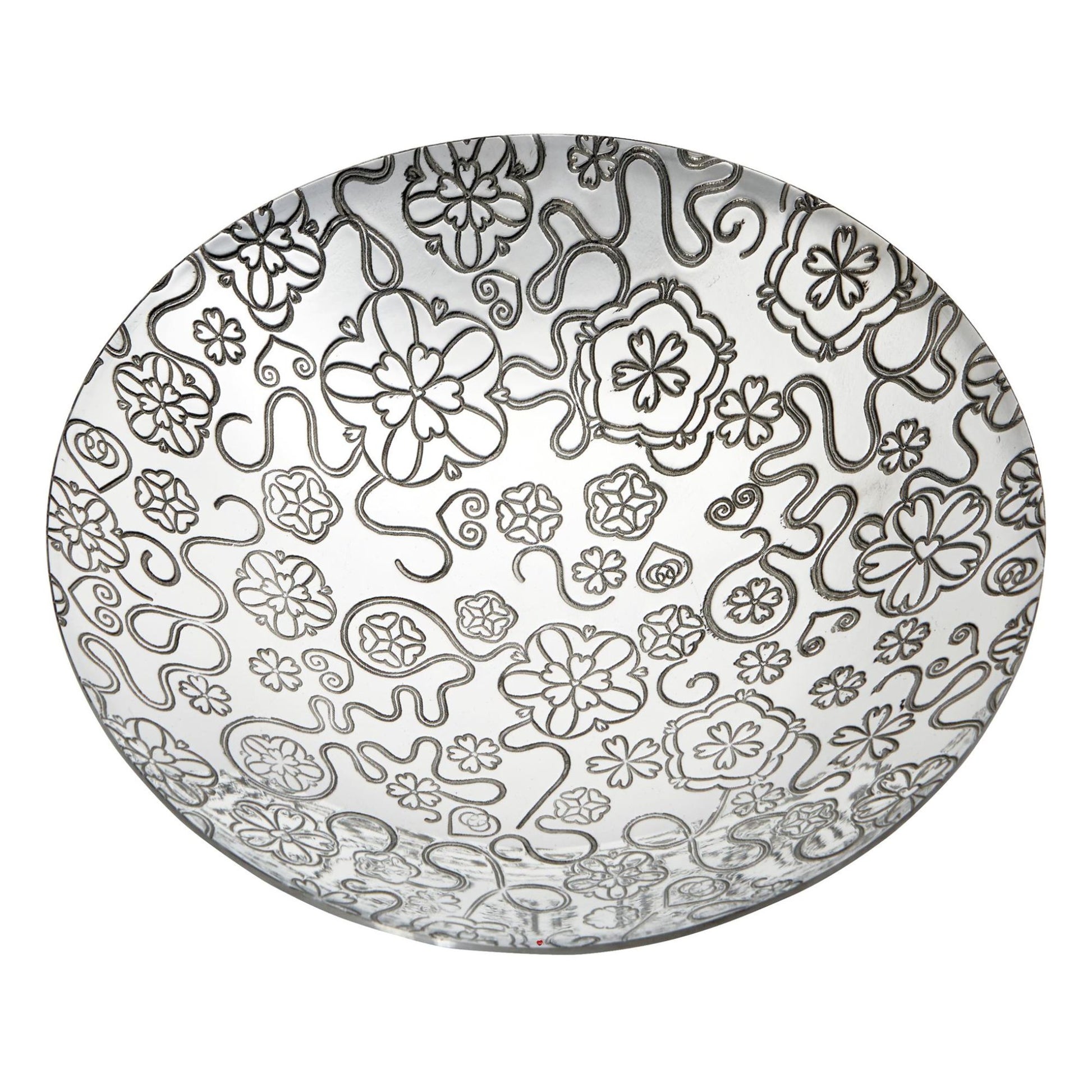 Decorative plate with black floral and animal pattern on a white background