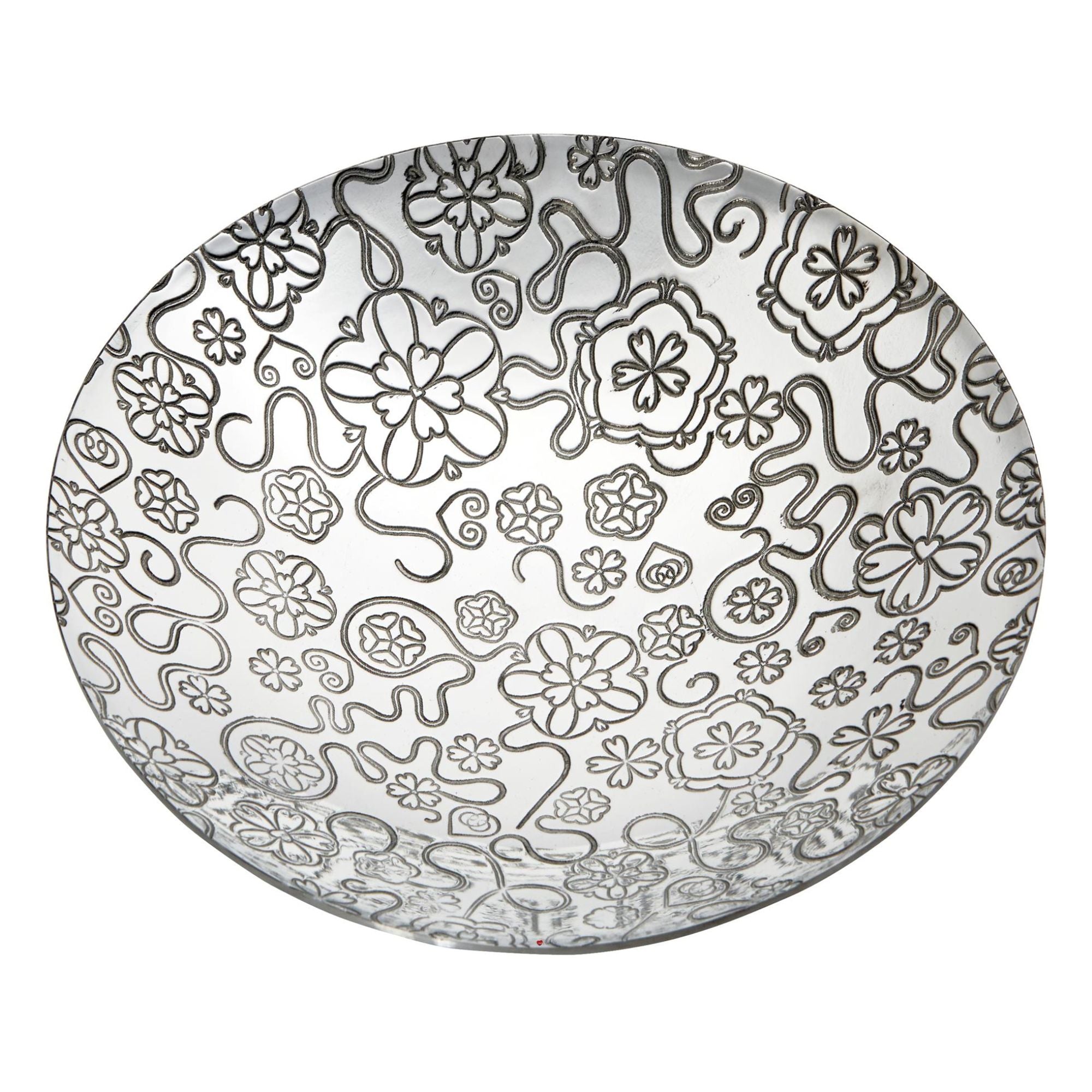 Decorative plate with black floral and animal pattern on a white background
