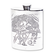 Silver flask with black and white illustration of three men playing soccer on a white background