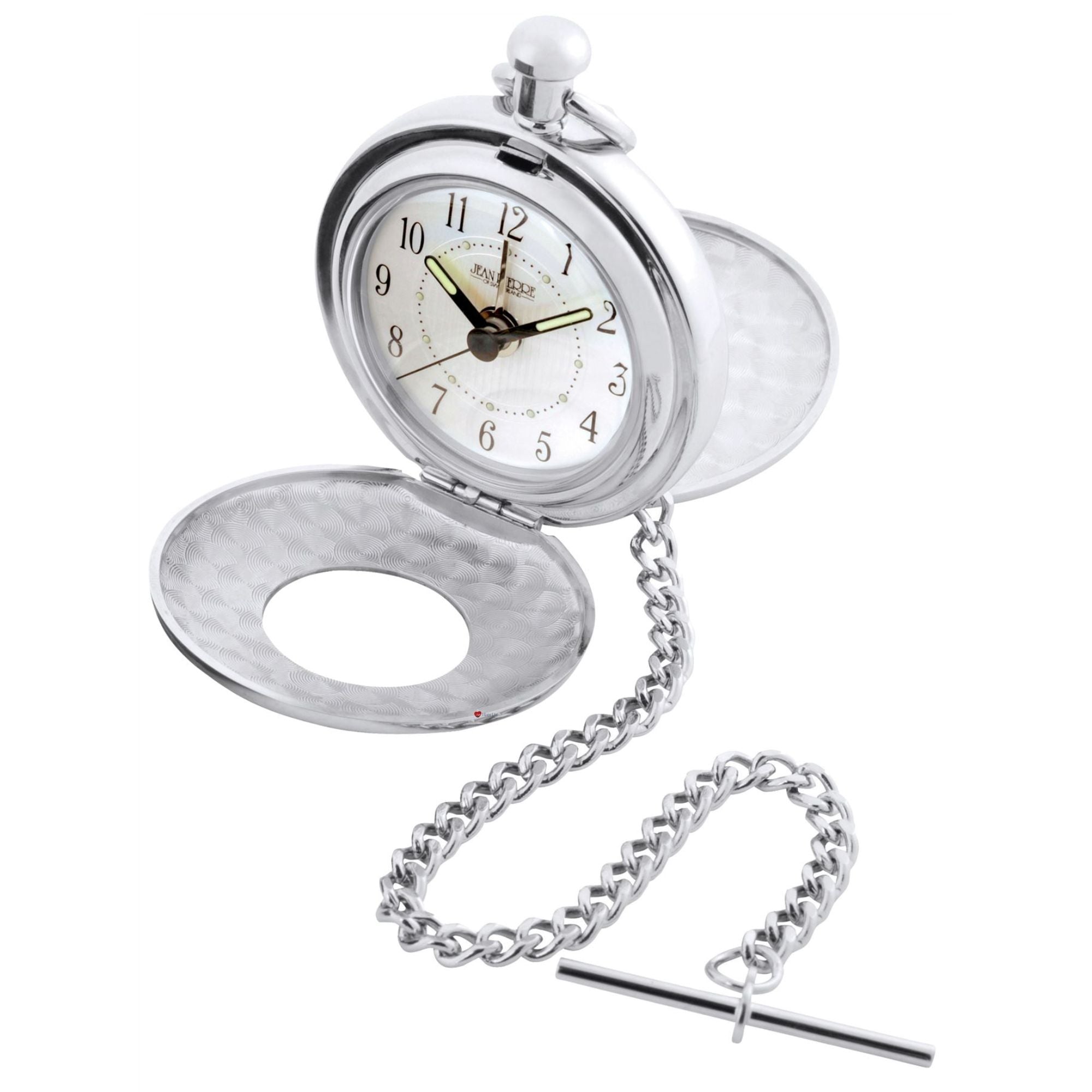Silver pocket watch with chain on a white background