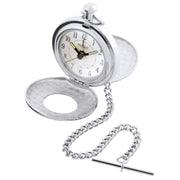 Silver pocket watch with chain on a white background