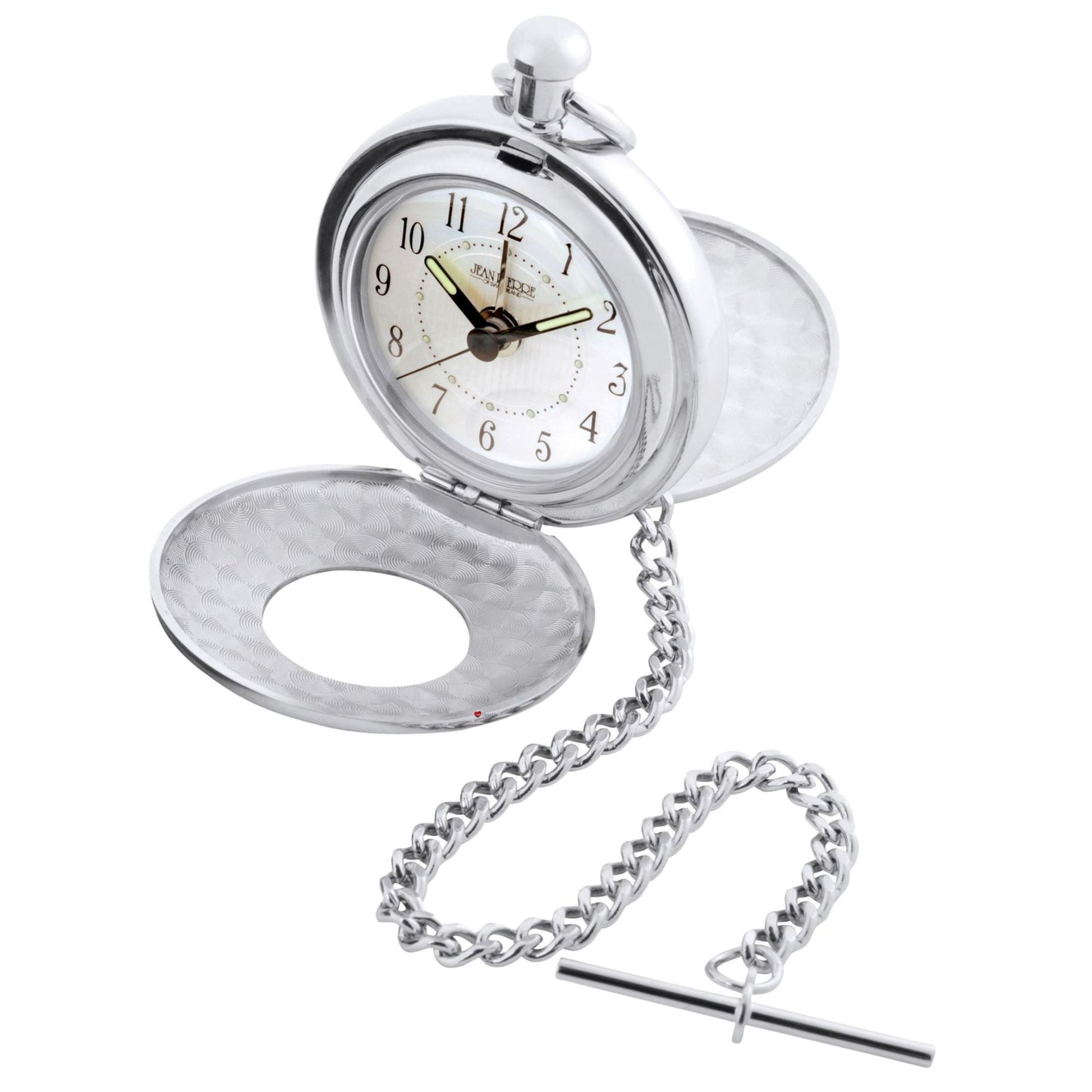 Silver pocket watch with chain on a white background