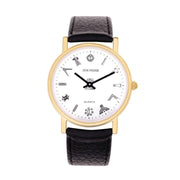 Watch with black leather strap and gold case on a white background