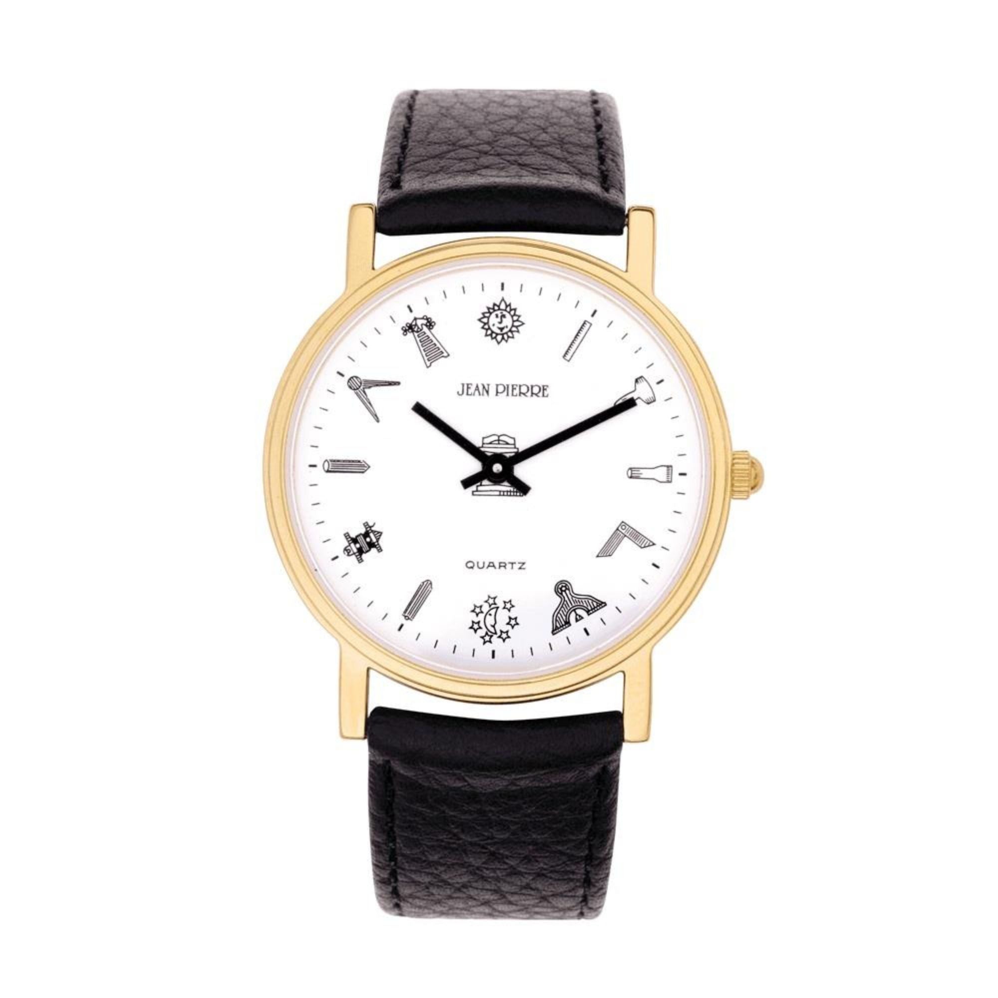 Watch with black leather strap and gold case on a white background