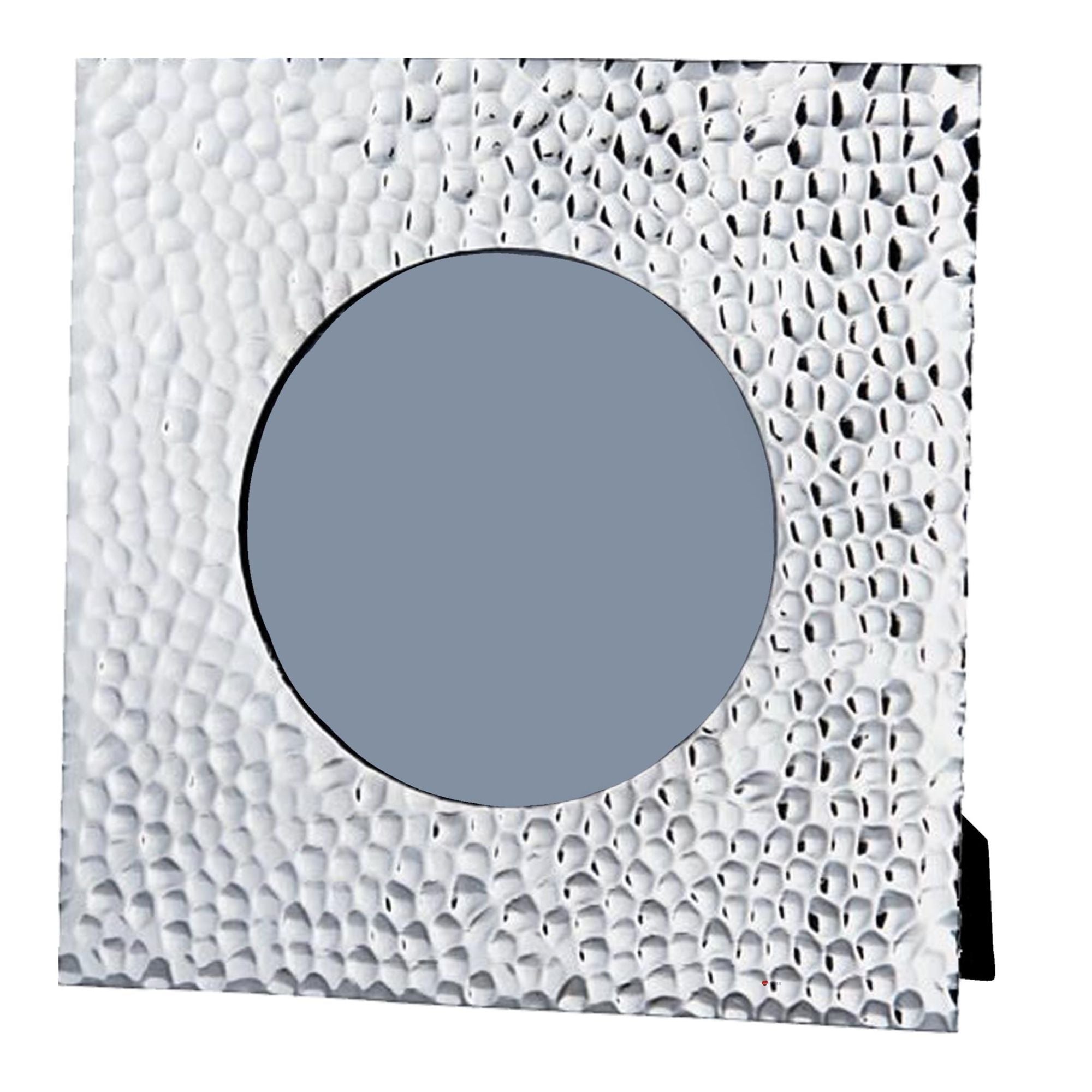 Decorative wall panel with a round mirror inset on a textured white background