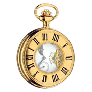 Half Hunter Skeleton Pocket Watch Gold Plated Moon Phases 17 Jewel