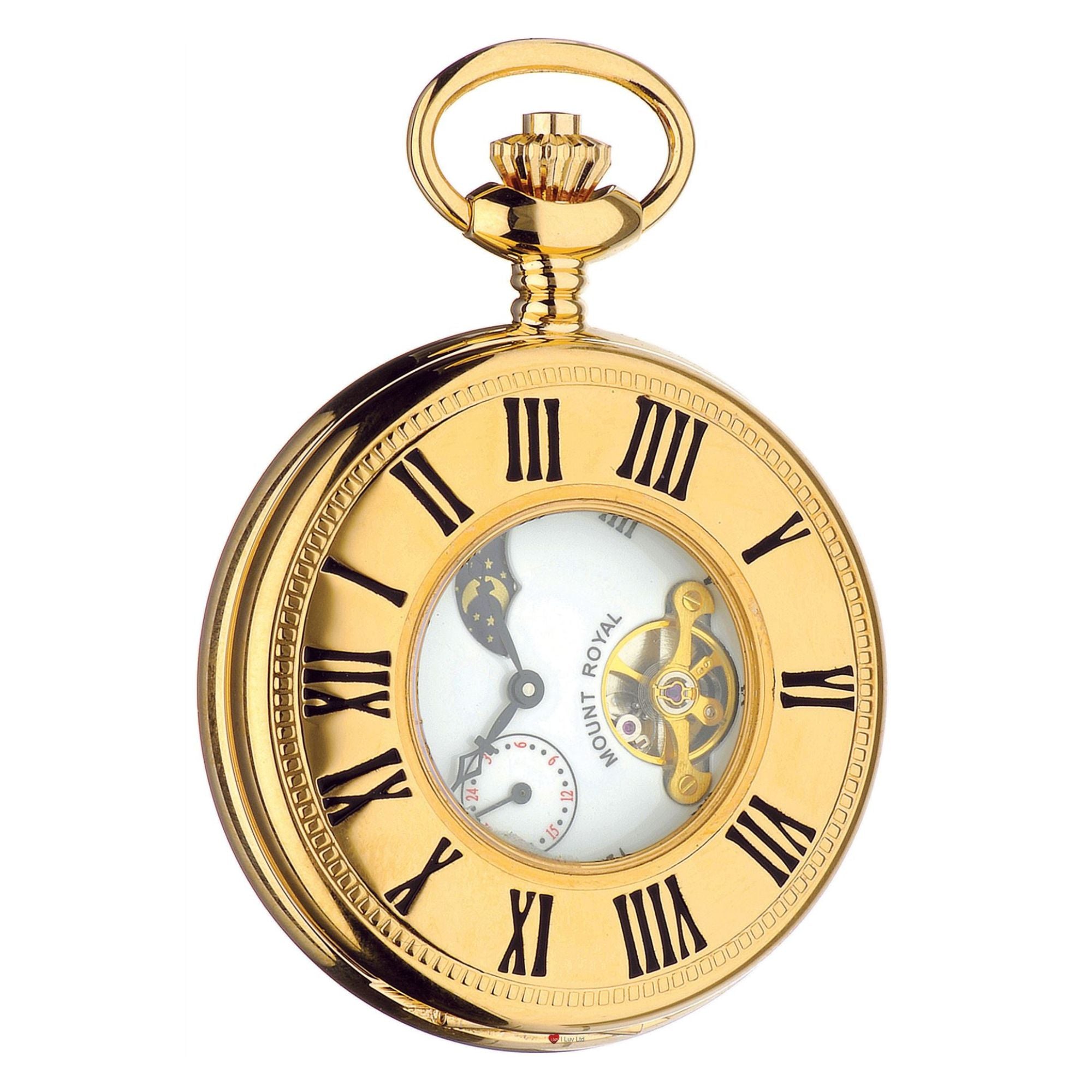 Half Hunter Skeleton Pocket Watch Gold Plated Moon Phases 17 Jewel