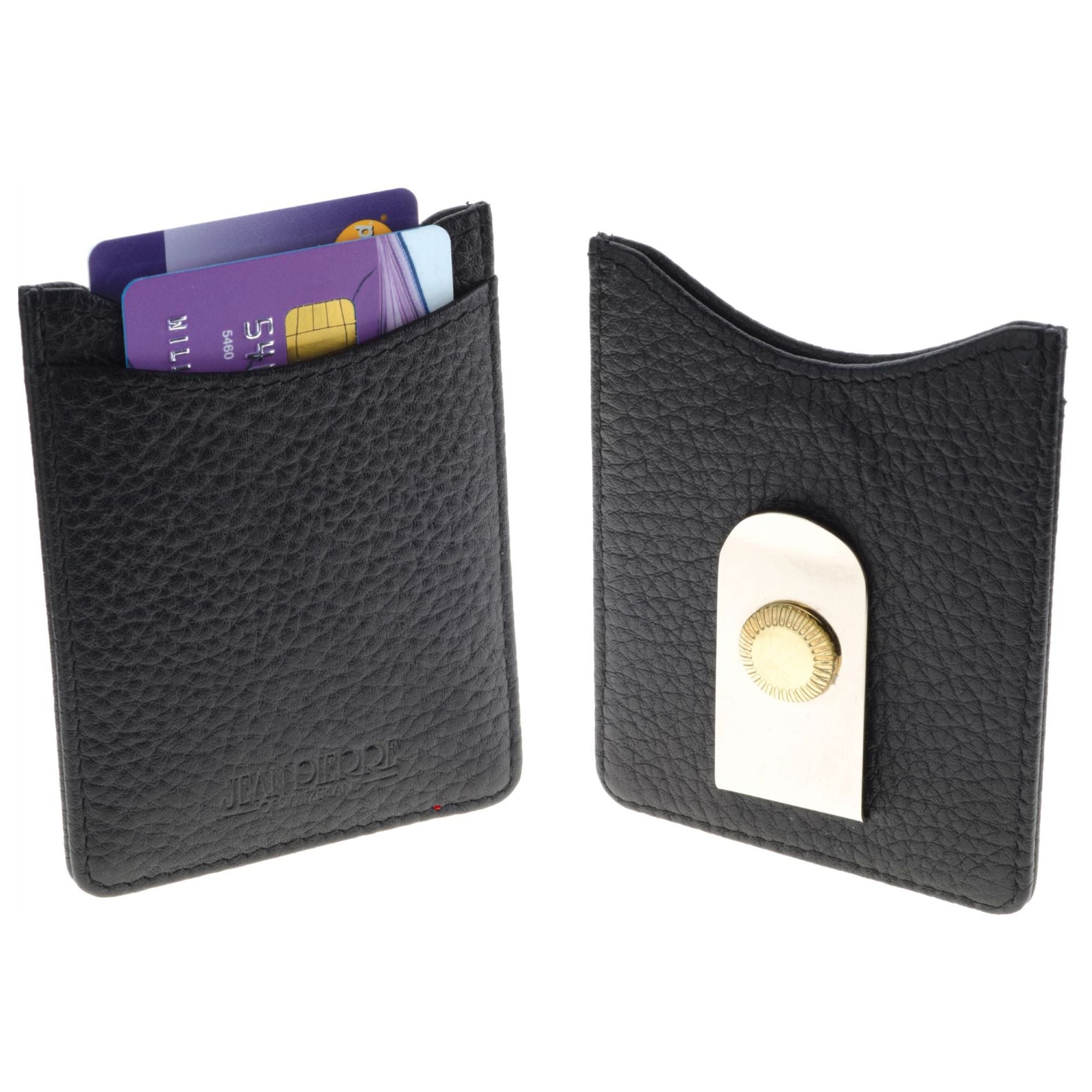 Black leather cardholder with cards and a coin clip on a white background