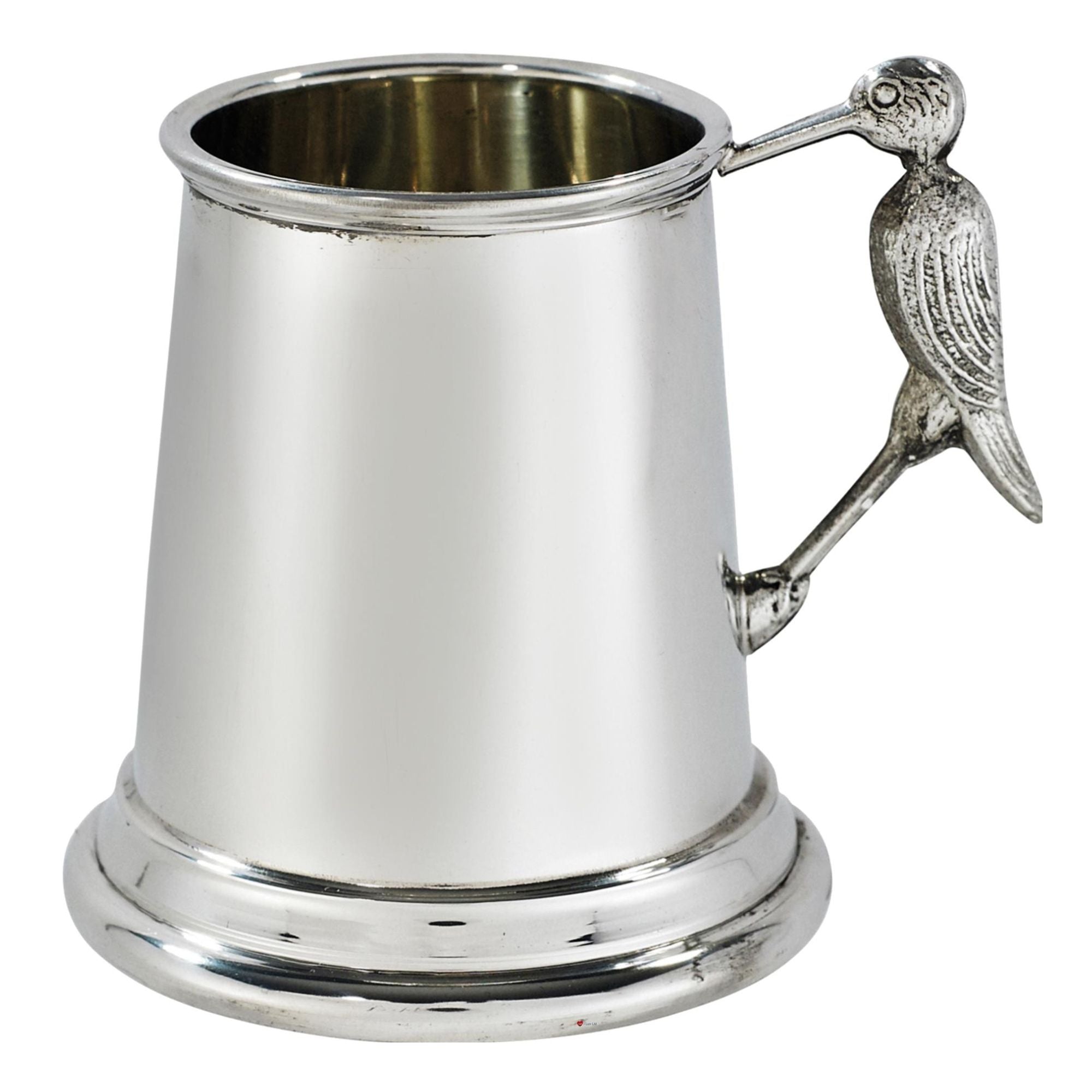 Silver tankard with a bird-shaped handle on a white background