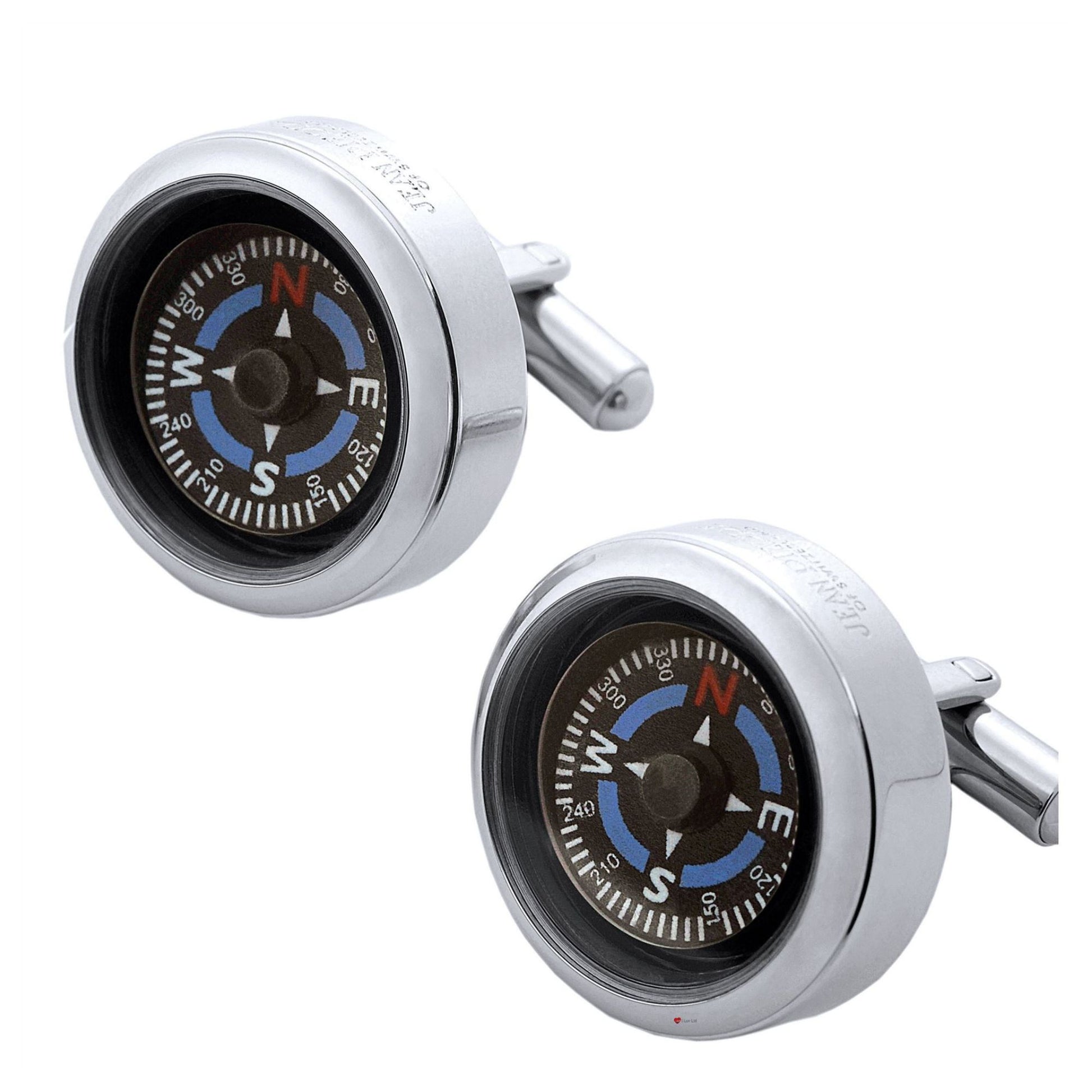 Two silver compass cufflinks on a white background